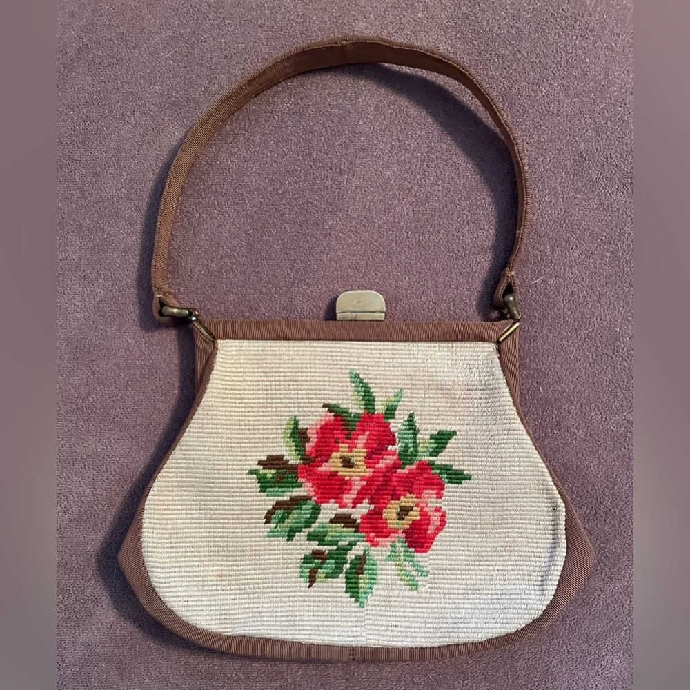 Vintage Floral Embroidered Brown and Cream Handbag - Picture 2 of 16